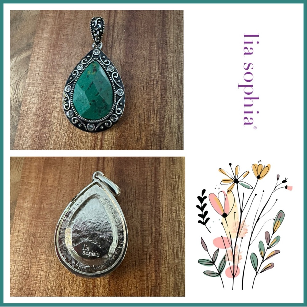 Lia Sophia Midori, teardrop green stone surrounded by clear stones. silver-tone